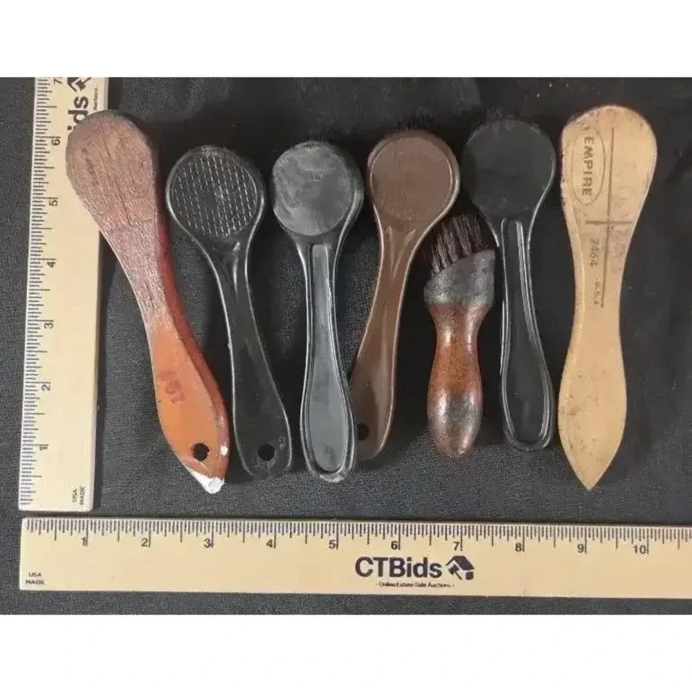 Vintage Wooden Shoe Shine Box, Stretcher & Care Accessories Lot
